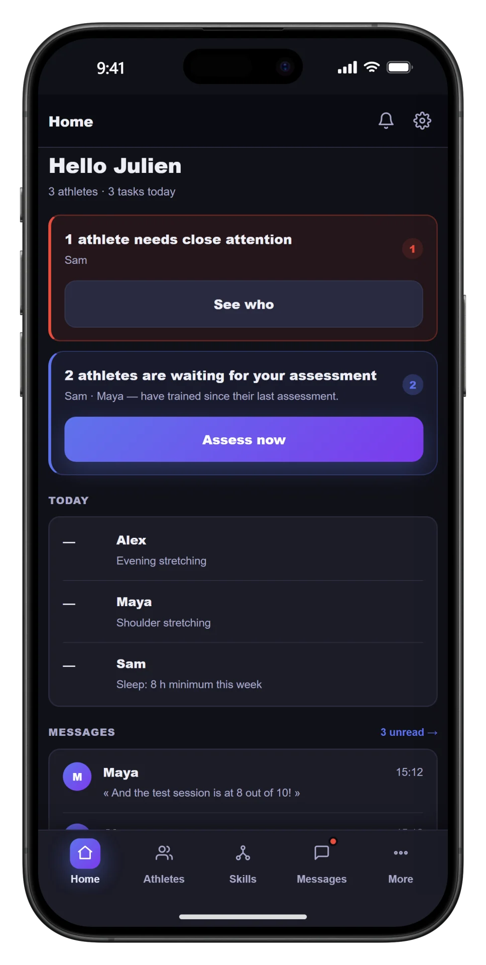Coach dashboard: athletes who need attention and pending assessments