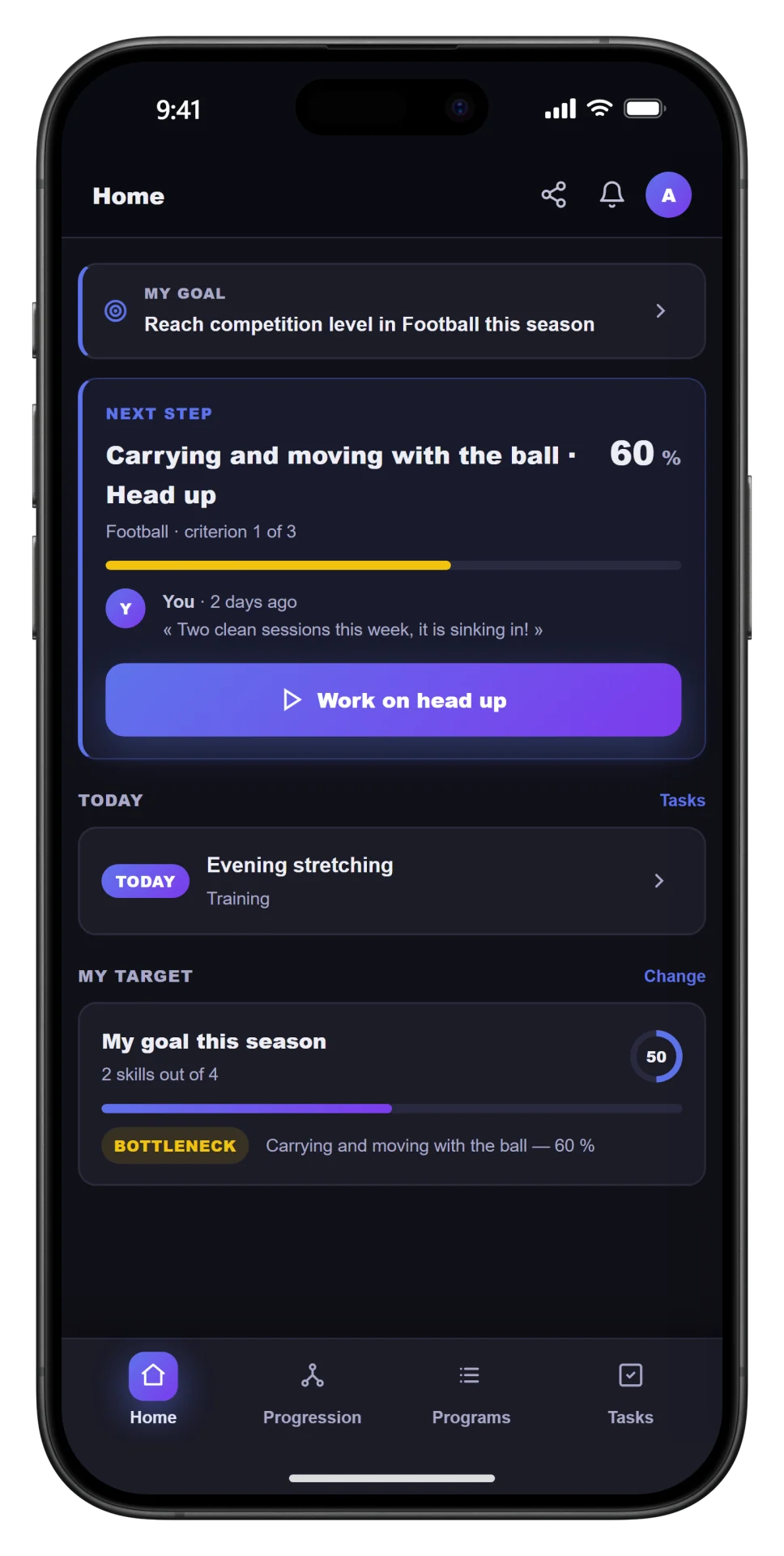 Athlete home: next step, coach note and target progress