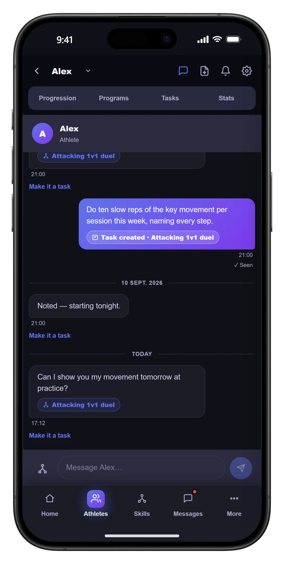 Coach and athlete messaging, a message turned into a task