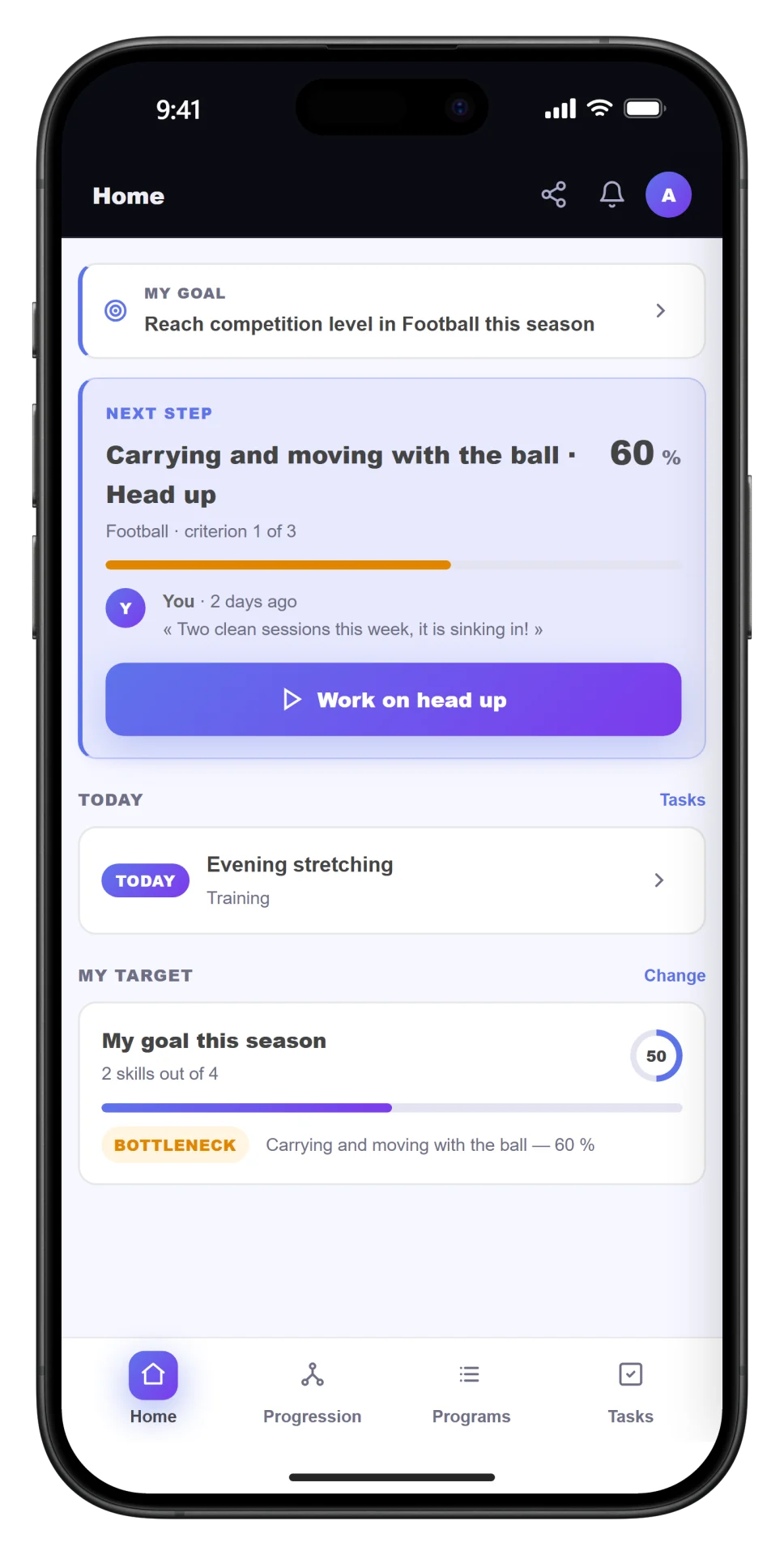 Athlete home screen in light mode